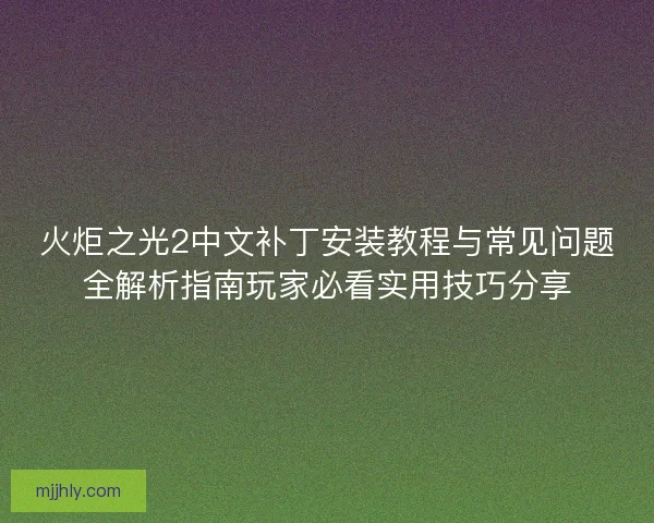火炬之光2中文补丁安装教程与常见问题全解析指南玩家必看实用技巧分享